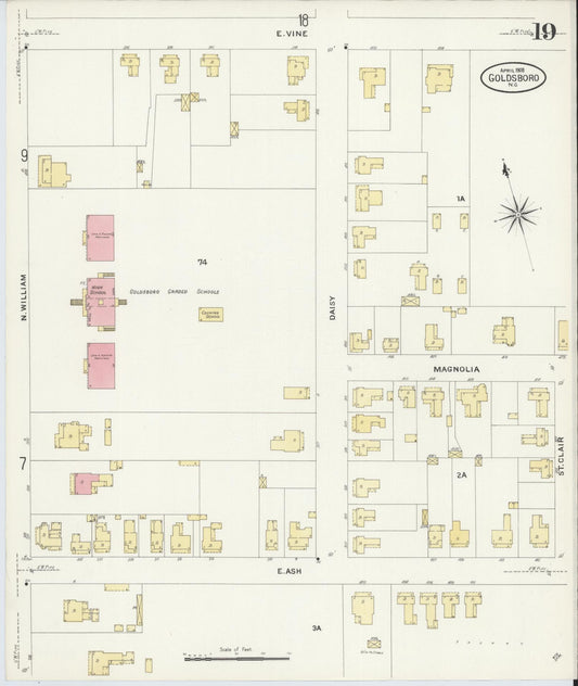 Sanborn Fire Insurance Map from Goldsboro, Wayne County, North Carolina (1908), Sheet #0019 - Historic Sanborn Fire Insurance Map Print, vintage old map wall art, antique decor, genealogy gift, North Carolina North Carolina map