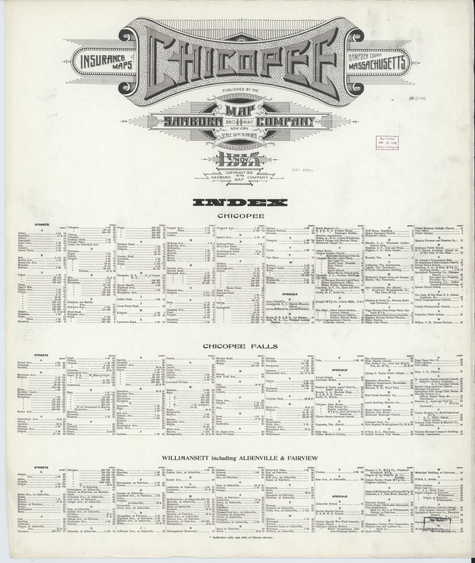 Sanborn Fire Insurance Map from Chicopee, Hampden County, Massachusetts (1915), Sheet #0001 - Historic Sanborn Fire Insurance Map Print, vintage old map wall art, antique decor, genealogy gift, Massachusetts Massachusetts map