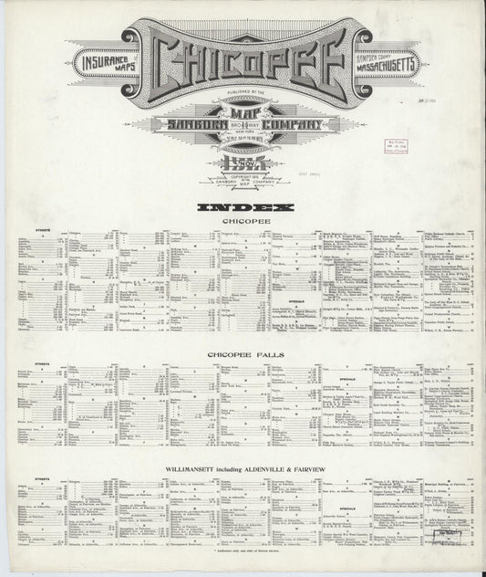 Sanborn Fire Insurance Map from Chicopee, Hampden County, Massachusetts (1915), Sheet #0001 - Historic Sanborn Fire Insurance Map Print, vintage old map wall art, antique decor, genealogy gift, Massachusetts Massachusetts map