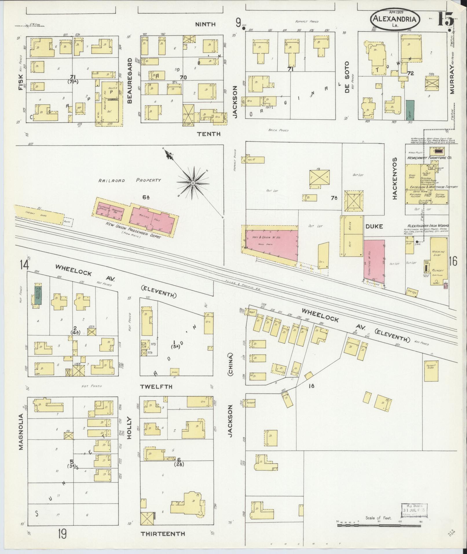 Sanborn Fire Insurance Map from Alexandria, Rapides Parish, Louisiana (1909), Sheet #0015 - Complete Map Set gallery image, historic Sanborn map, vintage wall art, Louisiana Louisiana