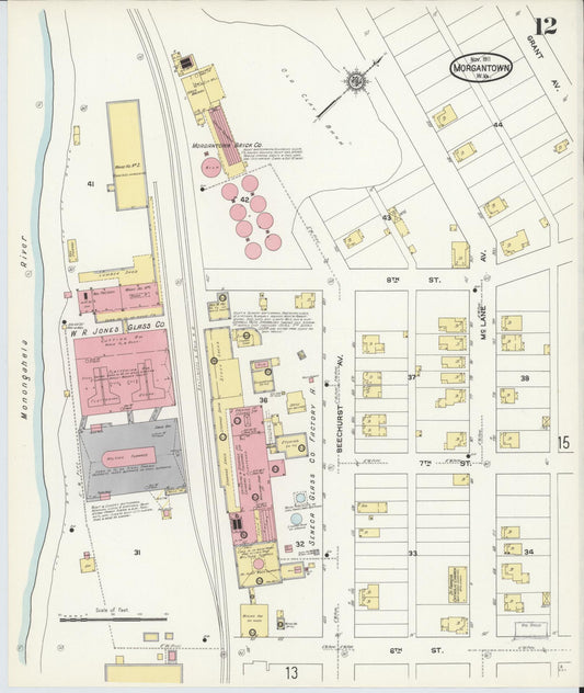 Sanborn Fire Insurance Map from Morgantown, Monongalia County, West Virginia (1911), Sheet #0012 - Historic Sanborn Fire Insurance Map Print, vintage old map wall art, antique decor, genealogy gift, West Virginia West Virginia map