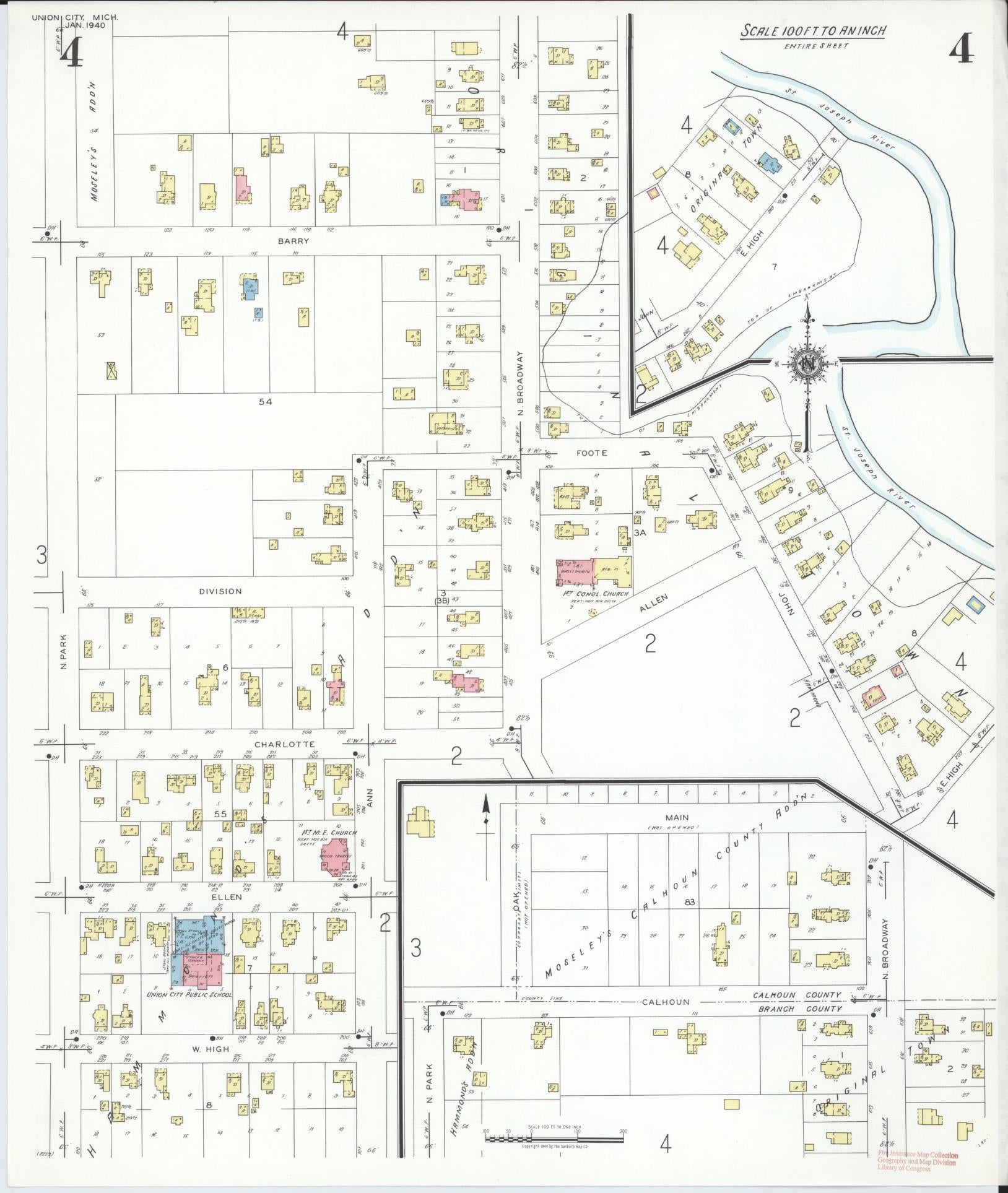 Sanborn Fire Insurance Map from Union City, Branch And Calhoun Counties, Michigan (1940), Sheet #0004 - Historic Sanborn Fire Insurance Map Print, vintage old map wall art, antique decor, genealogy gift, Michigan Michigan map