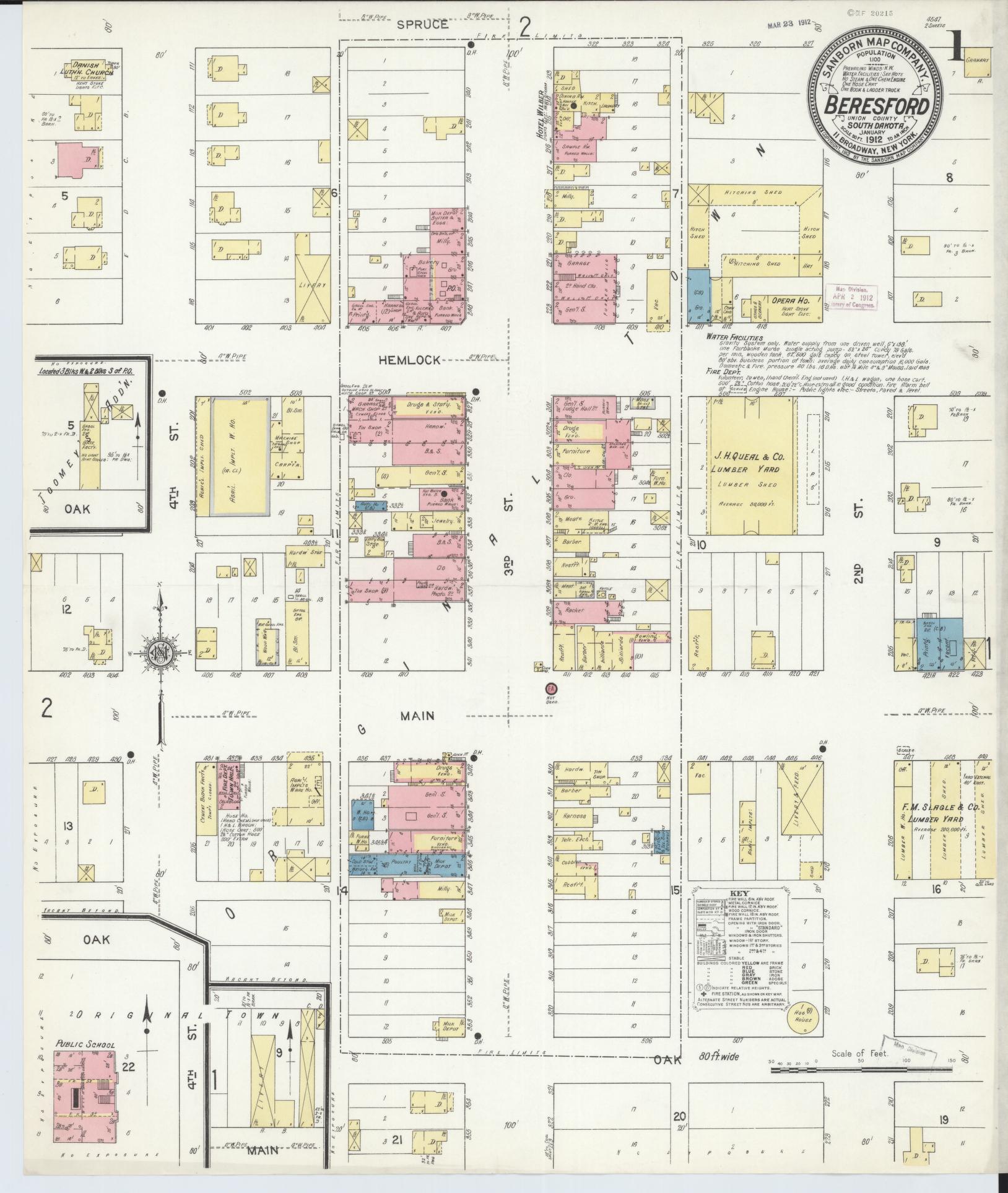 Sanborn Fire Insurance Map from Beresford, Union And Lincoln Counties, South Dakota (1912), Sheet #0001 - Historic Sanborn Fire Insurance Map Print, vintage old map wall art, antique decor, genealogy gift, South Dakota South Dakota map