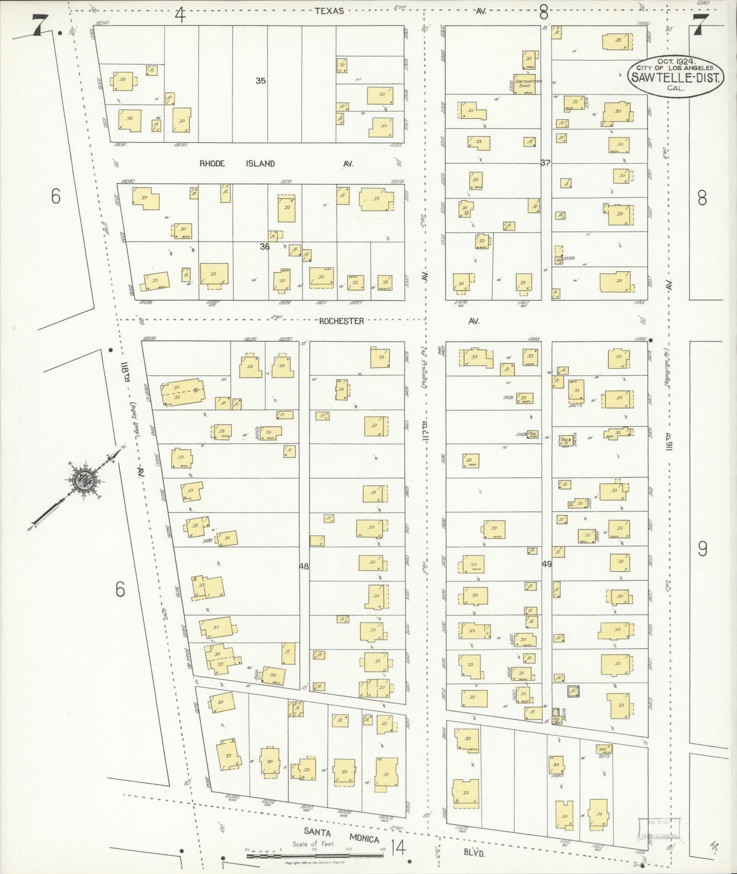 Sanborn Fire Insurance Map from Sawtelle, Los Angeles County, California (1924), Sheet #0007 - Complete Map Set gallery image, historic Sanborn map, vintage wall art, California California