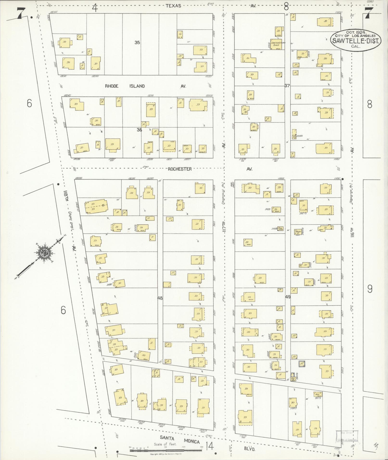 Sanborn Fire Insurance Map from Sawtelle, Los Angeles County, California (1924), Sheet #0007 - Complete Map Set gallery image, historic Sanborn map, vintage wall art, California California