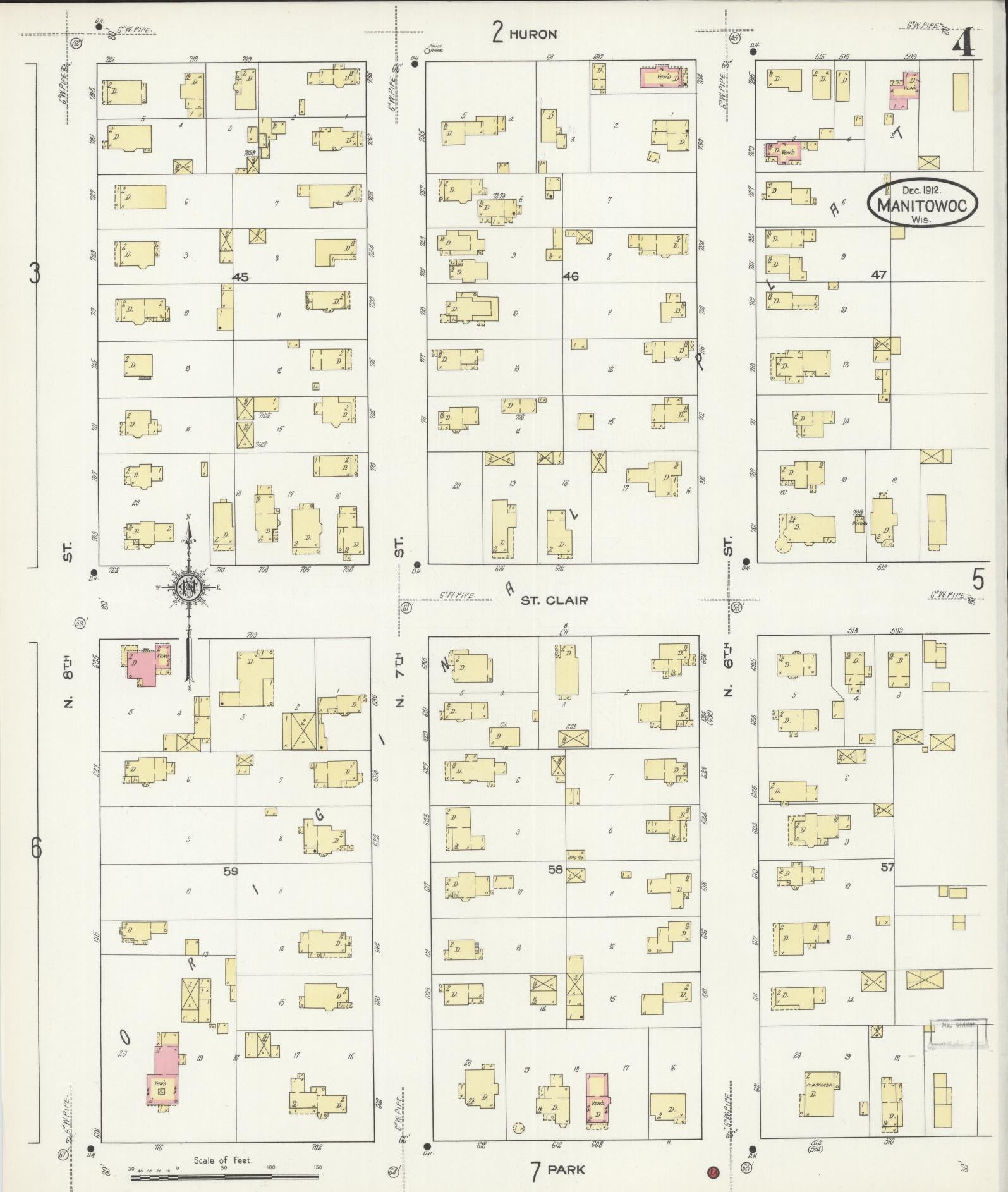 Sanborn Fire Insurance Map from Manitowoc, Manitowoc County, Wisconsin (1912), Sheet #0004 - Historic Sanborn Fire Insurance Map Print, vintage old map wall art, antique decor, genealogy gift, Wisconsin Wisconsin map