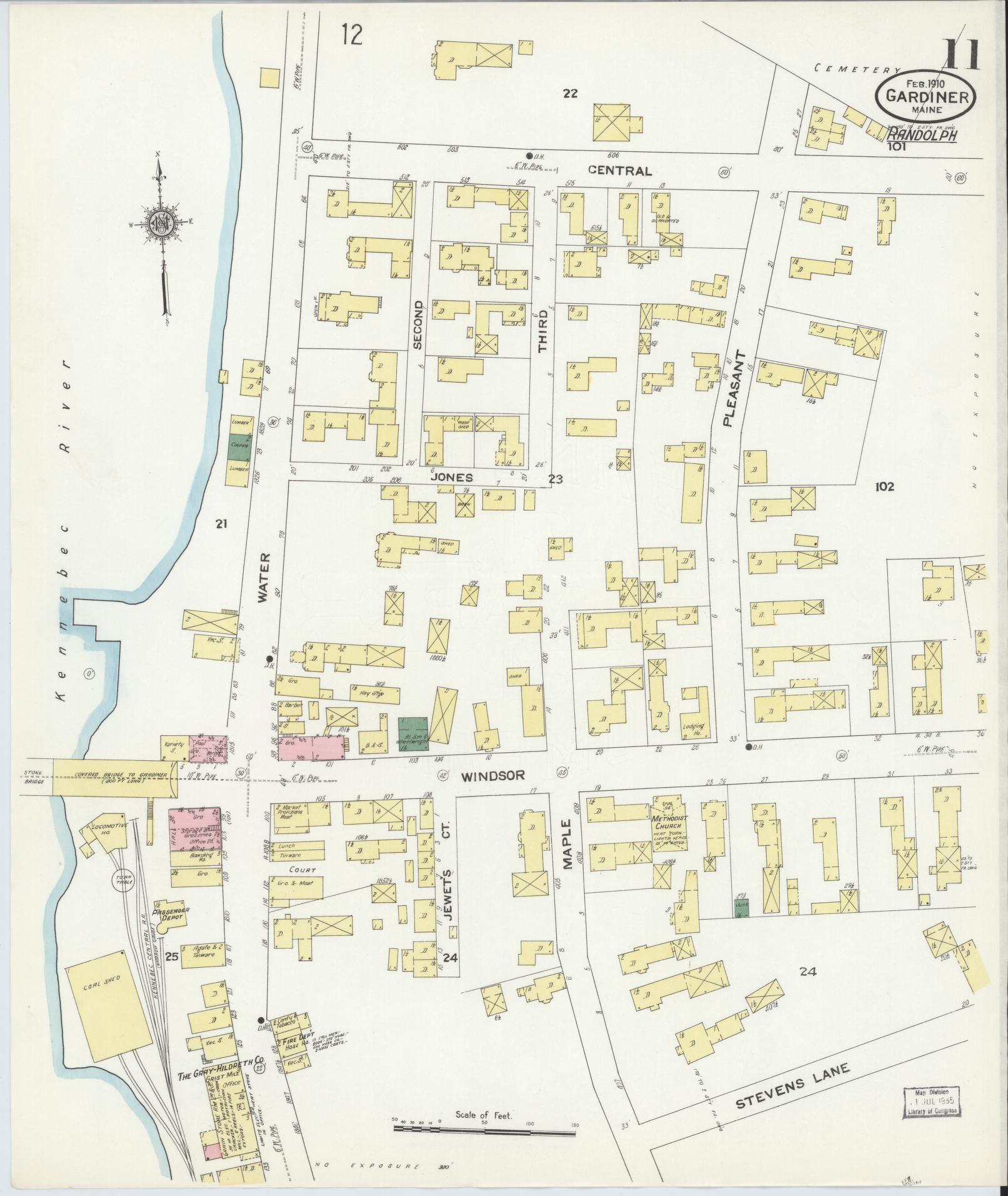 Sanborn Fire Insurance Map from Gardiner, Kennebec County, Maine (1910), Sheet #0011 - Complete Map Set gallery image, historic Sanborn map, vintage wall art, Maine Maine