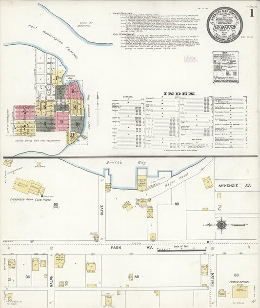 Sanborn Fire Insurance Map from Bremerton, Kitsap County, Washington (1911), Sheet #0001 - Historic Sanborn Fire Insurance Map Print, vintage old map wall art, antique decor, genealogy gift, Washington Washington map
