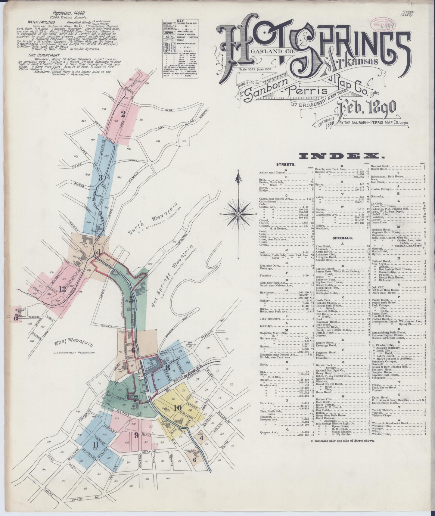 Sanborn Fire Insurance Map from Hot Springs, Garland County, Arkansas (1890), Sheet #0001 - Historic Sanborn Fire Insurance Map Print, vintage old map wall art, antique decor, genealogy gift, Arkansas Arkansas map