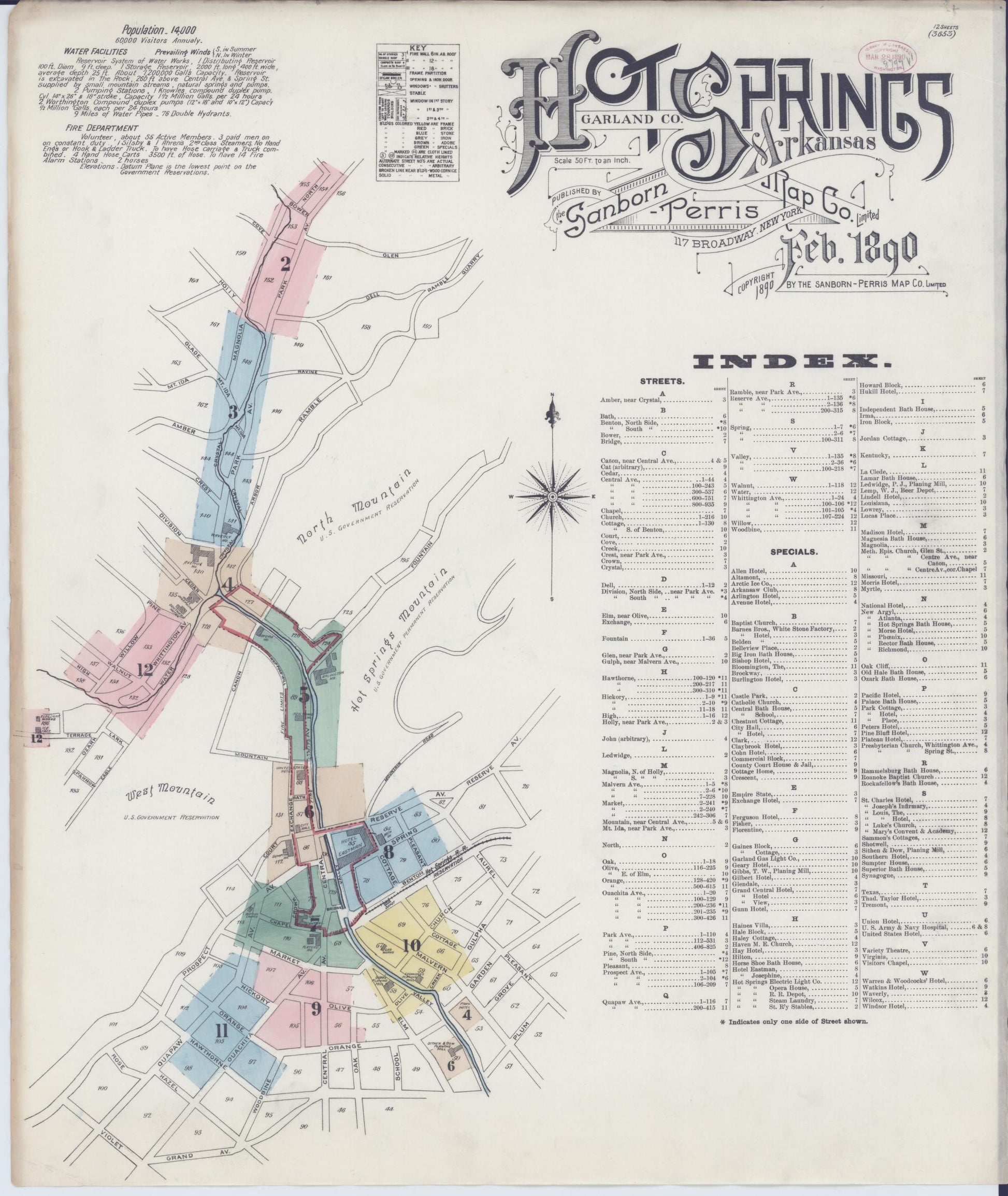 Sanborn Fire Insurance Map from Hot Springs, Garland County, Arkansas (1890), Sheet #0001 - Historic Sanborn Fire Insurance Map Print, vintage old map wall art, antique decor, genealogy gift, Arkansas Arkansas map