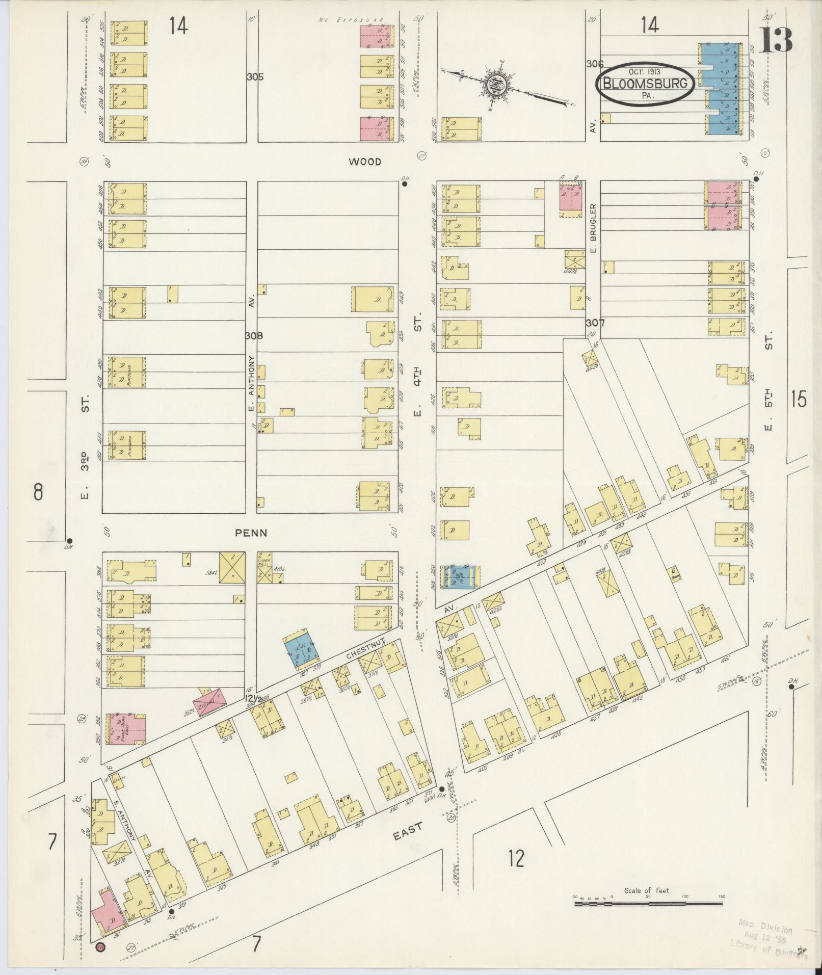 Sanborn Fire Insurance Map from Bloomsburg, Columbia County, Pennsylvania (1913), Sheet #0013 - Historic Sanborn Fire Insurance Map Print, vintage old map wall art, antique decor, genealogy gift, Pennsylvania Pennsylvania map