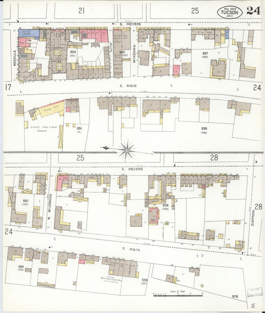 Sanborn Fire Insurance Map from Tucson, Pima County, Arizona (1909), Sheet #0024 - Historic Sanborn Fire Insurance Map Print, vintage old map wall art, antique decor, genealogy gift, Arizona Arizona map