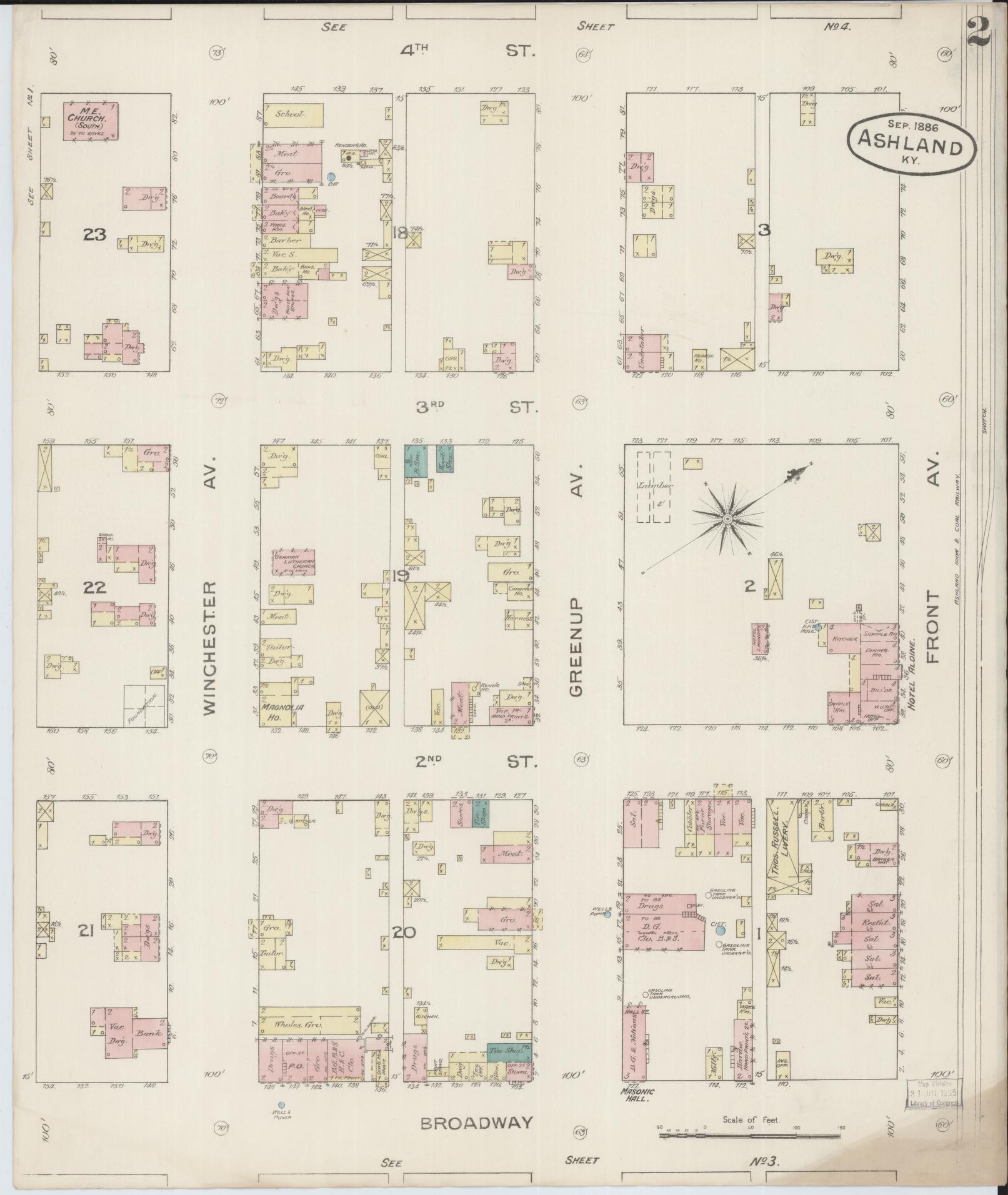 Sanborn Fire Insurance Map from Ashland, Boyd County, Kentucky (1886), Sheet #0002 - Complete Map Set gallery image, historic Sanborn map, vintage wall art, Kentucky Kentucky