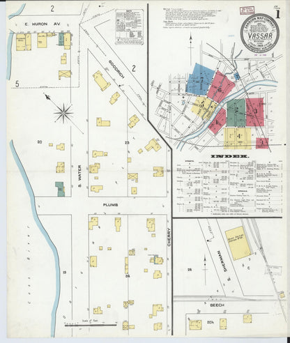 Sanborn Fire Insurance Map from Vassar, Tuscola County, Michigan (1909), Sheet #0001 - Historic Sanborn Fire Insurance Map Print, vintage old map wall art, antique decor, genealogy gift, Michigan Michigan map