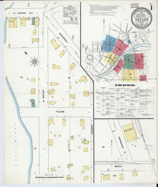 Sanborn Fire Insurance Map from Vassar, Tuscola County, Michigan (1909), Sheet #0001 - Historic Sanborn Fire Insurance Map Print, vintage old map wall art, antique decor, genealogy gift, Michigan Michigan map