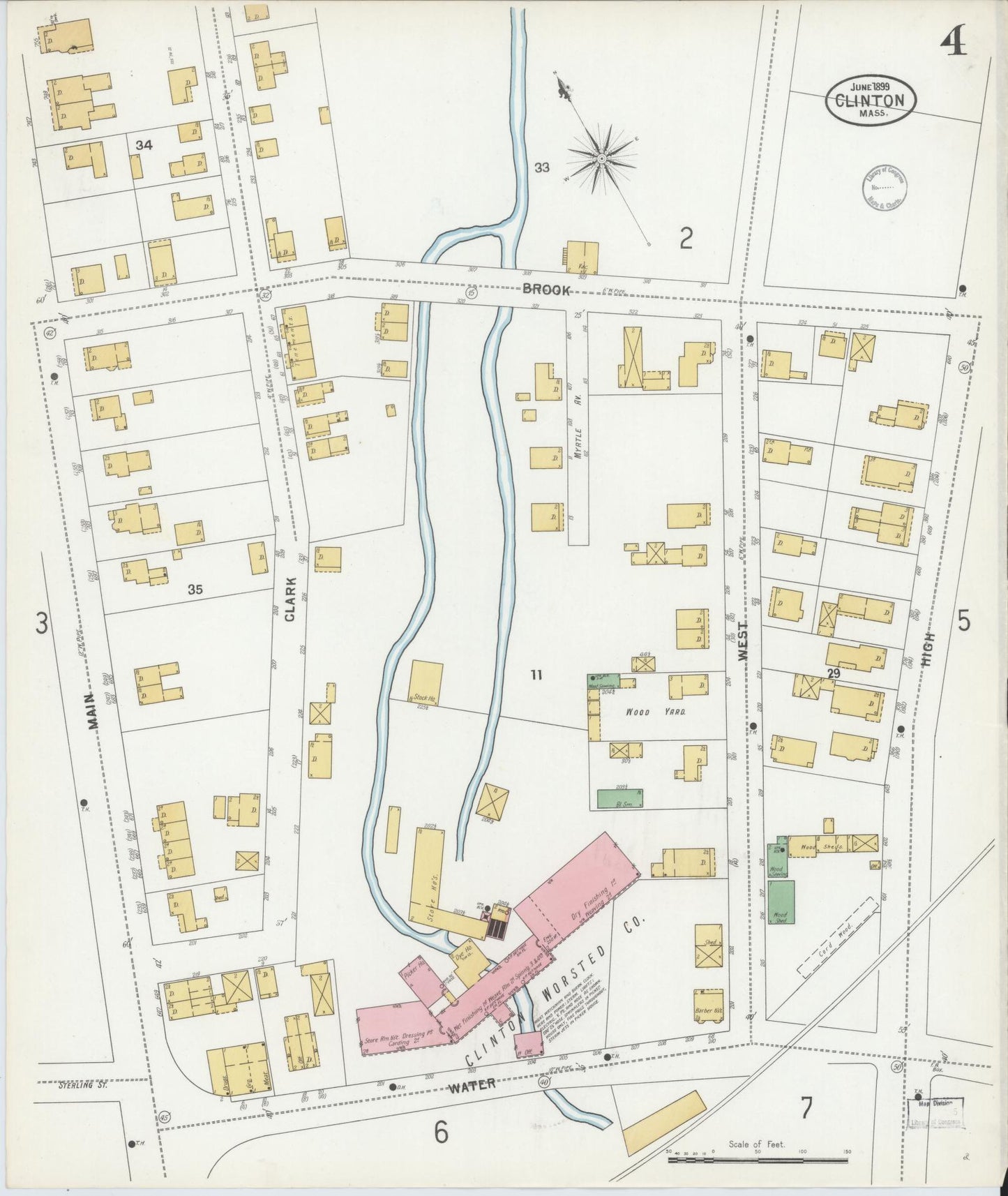 Sanborn Fire Insurance Map from Clinton, Worcester County, Massachusetts (1899), Sheet #0004 - Historic Sanborn Fire Insurance Map Print, vintage old map wall art, antique decor, genealogy gift, Massachusetts Massachusetts map