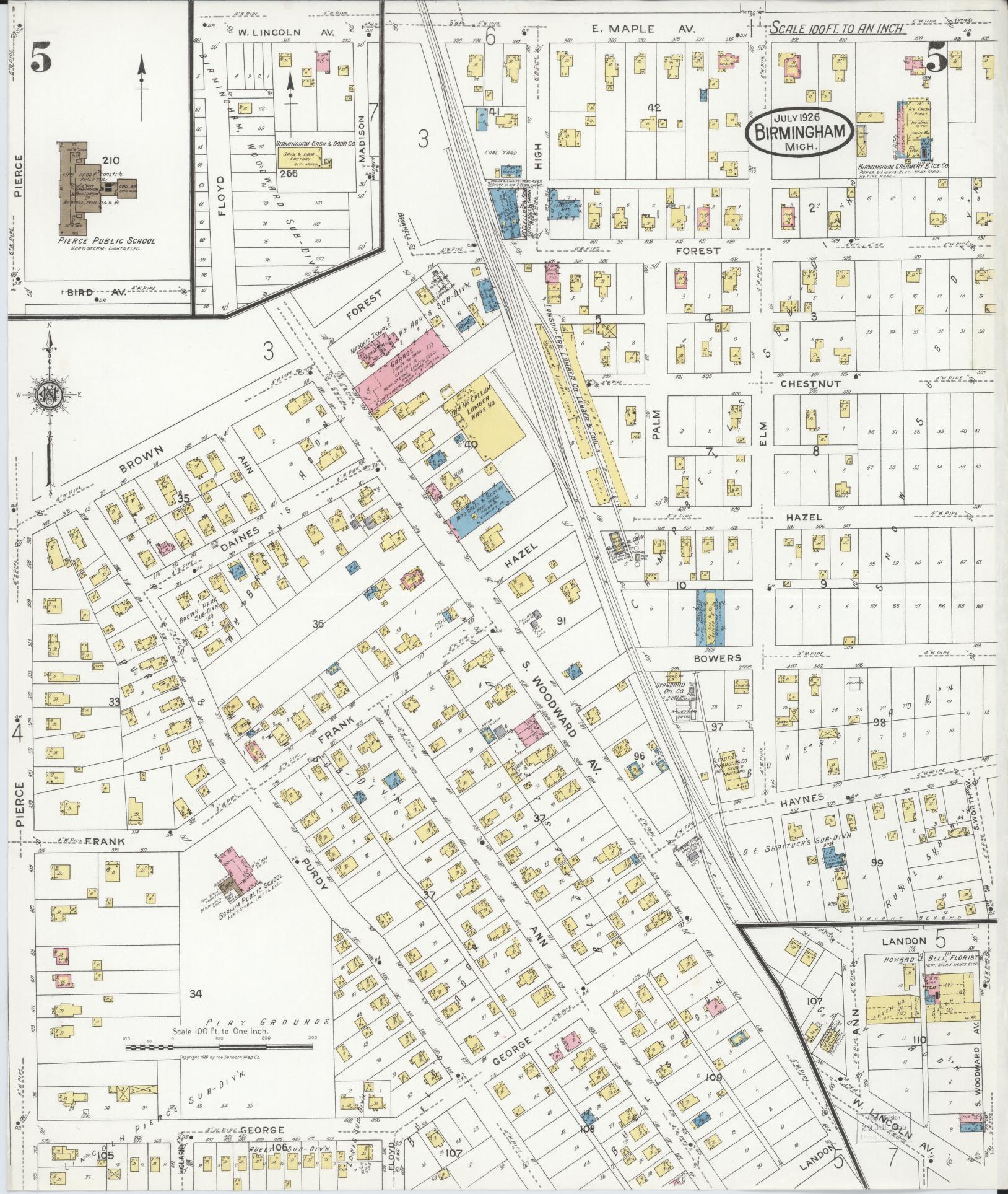 Sanborn Fire Insurance Map from Birmingham, Oakland County, Michigan (1926), Sheet #0005 - Historic Sanborn Fire Insurance Map Print, vintage old map wall art, antique decor, genealogy gift, Michigan Michigan map