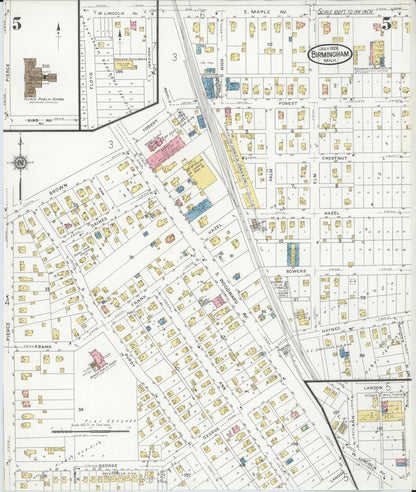 Sanborn Fire Insurance Map from Birmingham, Oakland County, Michigan (1926), Sheet #0005 - Historic Sanborn Fire Insurance Map Print, vintage old map wall art, antique decor, genealogy gift, Michigan Michigan map