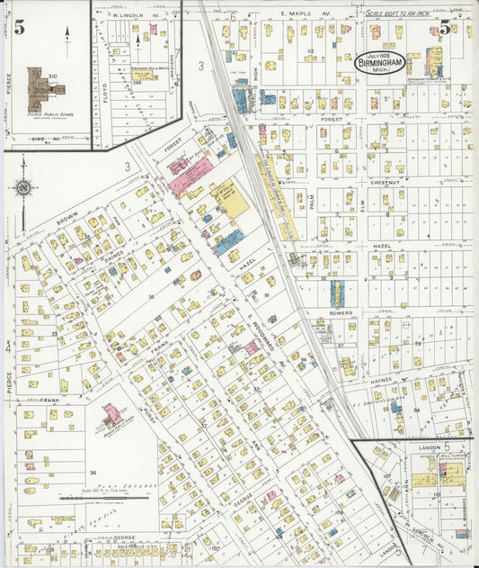 Sanborn Fire Insurance Map from Birmingham, Oakland County, Michigan (1926), Sheet #0005 - Historic Sanborn Fire Insurance Map Print, vintage old map wall art, antique decor, genealogy gift, Michigan Michigan map