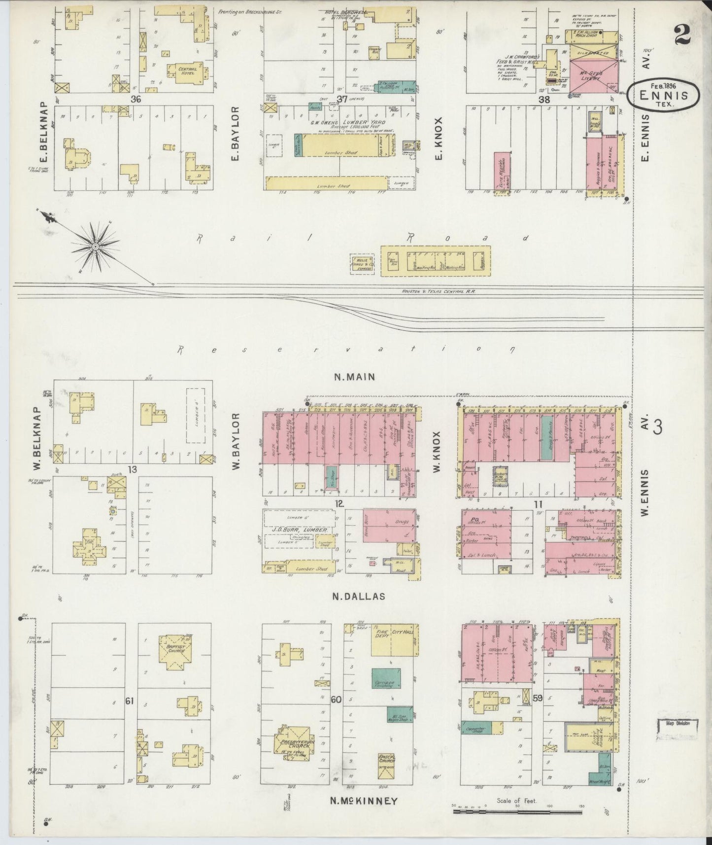 Sanborn Fire Insurance Map from Ennis, Ellis County, Texas (1896), Sheet #0002 - Complete Map Set gallery image, historic Sanborn map, vintage wall art, Texas Texas