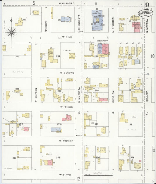 Sanborn Fire Insurance Map from Carson City, Carson City County, Nevada (1907), Sheet #0009 - Historic Sanborn Fire Insurance Map Print, vintage old map wall art, antique decor, genealogy gift, Nevada Nevada map