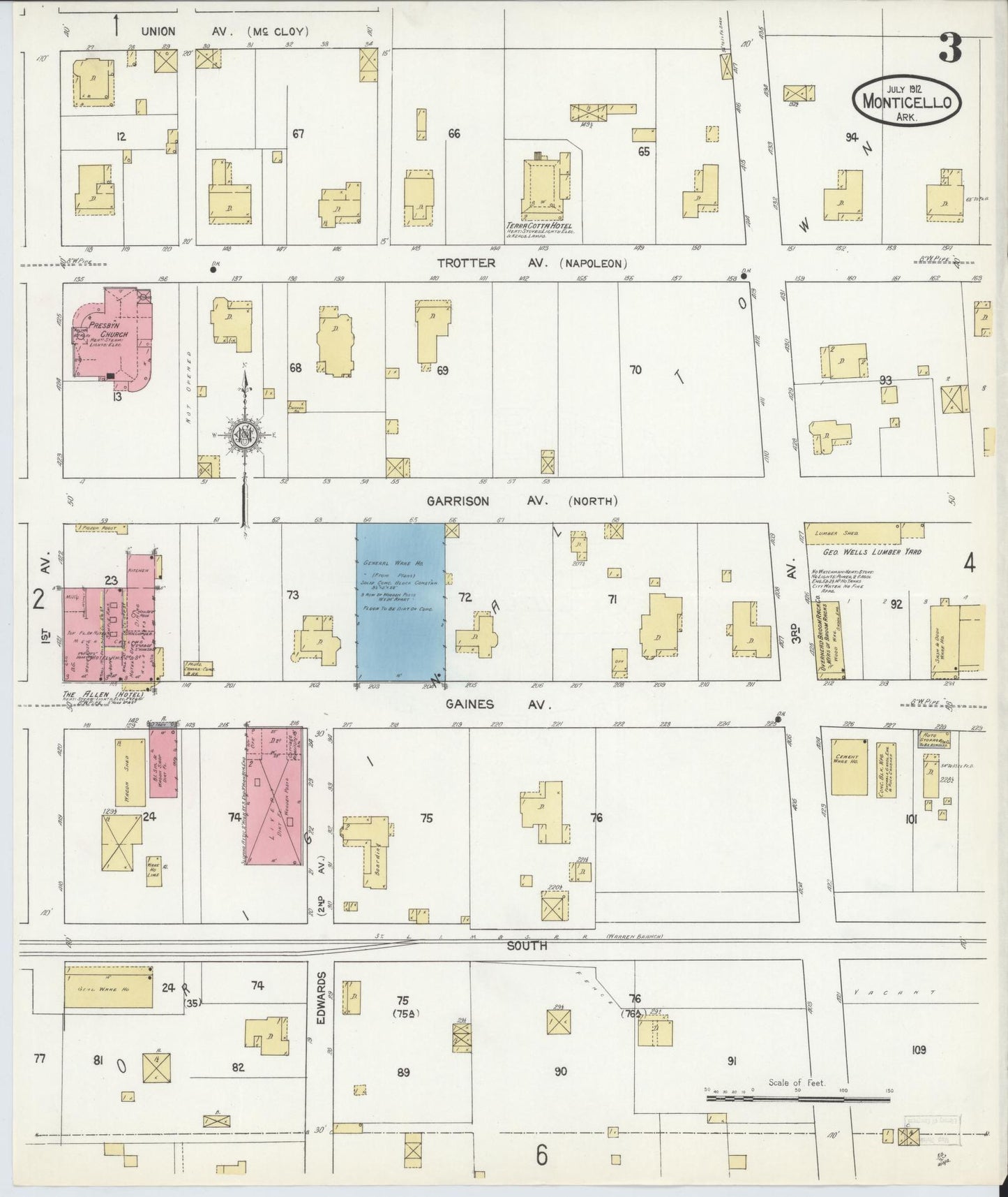 Sanborn Fire Insurance Map from Monticello, Drew County, Arkansas (1912), Sheet #0003 - Historic Sanborn Fire Insurance Map Print, vintage old map wall art, antique decor, genealogy gift, Arkansas Arkansas map