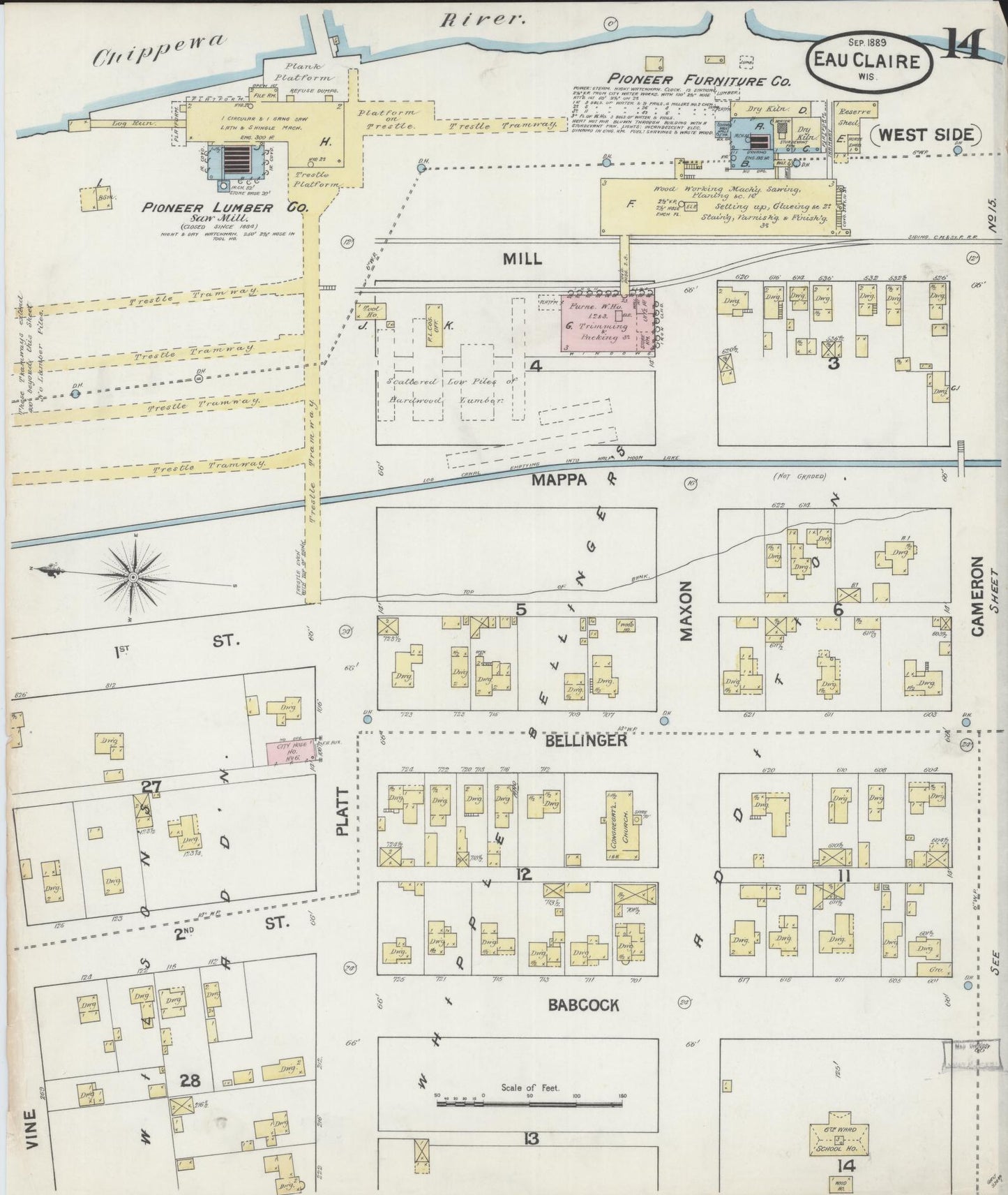 Sanborn Fire Insurance Map from Eau Claire, Eau Claire County, Wisconsin (1889), Sheet #0014 - Historic Sanborn Fire Insurance Map Print, vintage old map wall art, antique decor, genealogy gift, Wisconsin Wisconsin map