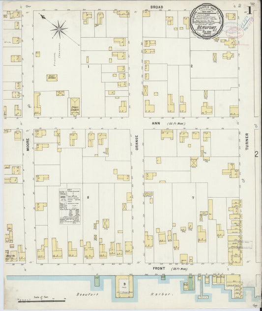Sanborn Fire Insurance Map from Beaufort, Carteret County, North Carolina (1898), Sheet #0001 - Historic Sanborn Fire Insurance Map Print, vintage old map wall art, antique decor, genealogy gift, North Carolina North Carolina map