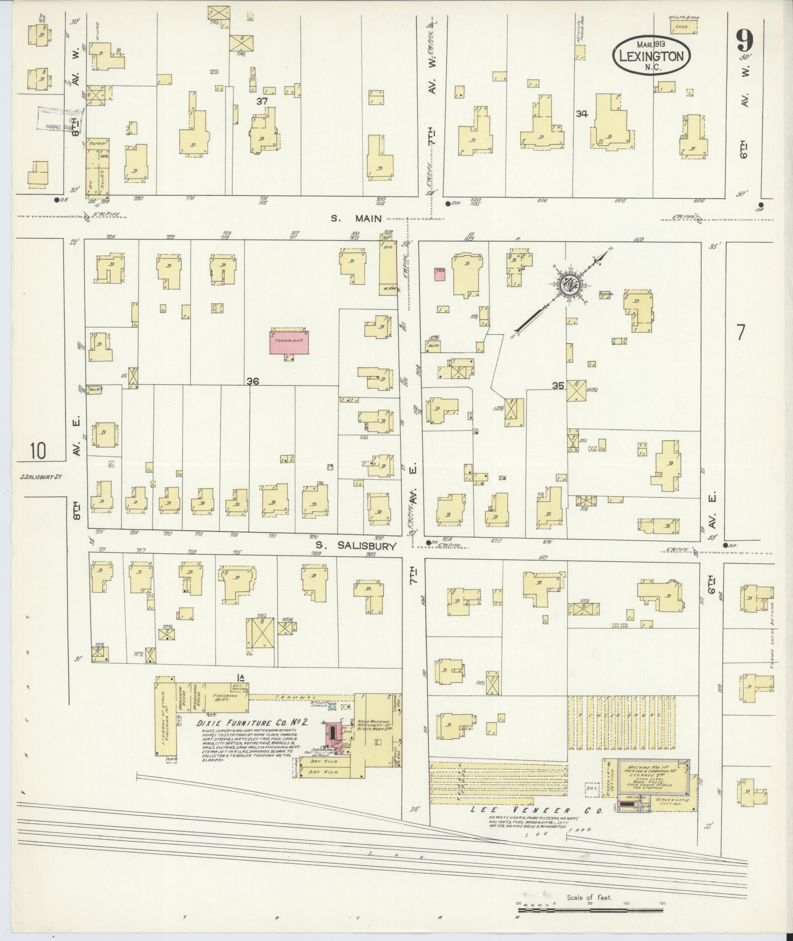 Sanborn Fire Insurance Map from Lexington, Davidson County, North Carolina (1913), Sheet #0009 - Complete Map Set gallery image, historic Sanborn map, vintage wall art, North Carolina North Carolina