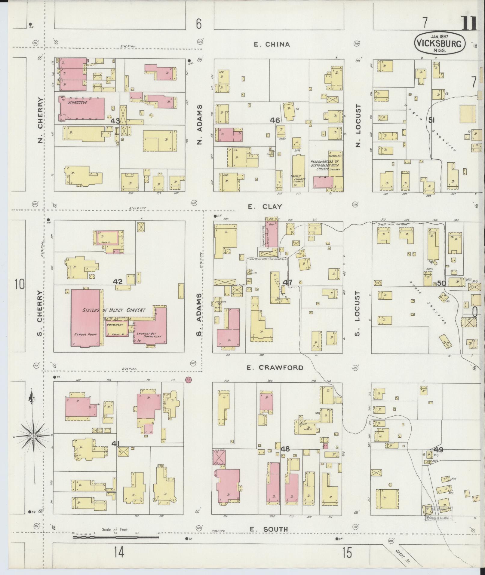 Sanborn Fire Insurance Map from Vicksburg, Warren County, Mississippi (1897), Sheet #0011 - Historic Sanborn Fire Insurance Map Print, vintage old map wall art, antique decor, genealogy gift, Mississippi Mississippi map