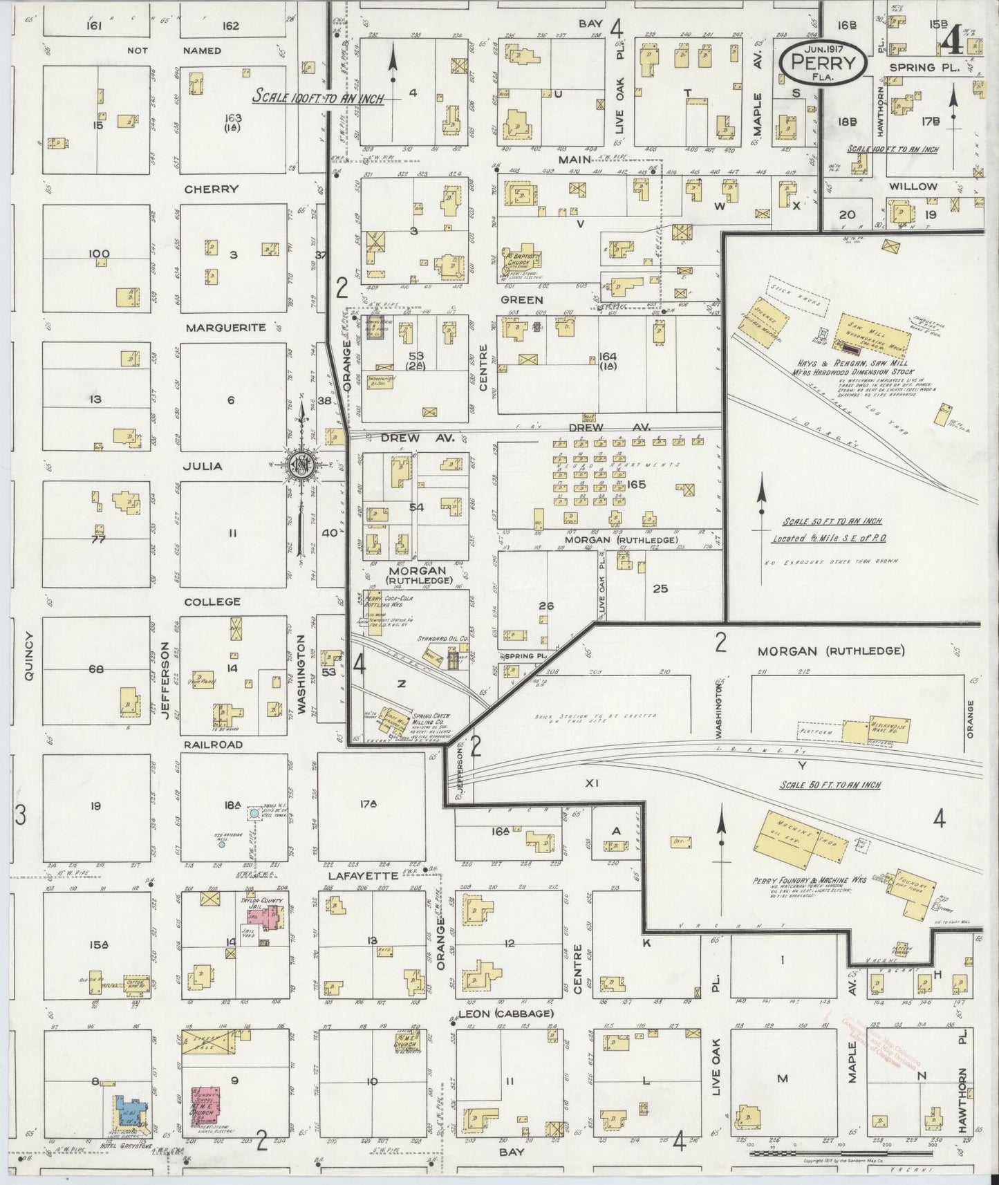 Sanborn Fire Insurance Map from Perry, Taylor County, Florida (1917), Sheet #0004 - Historic Sanborn Fire Insurance Map Print, vintage old map wall art, antique decor, genealogy gift, Florida Florida map