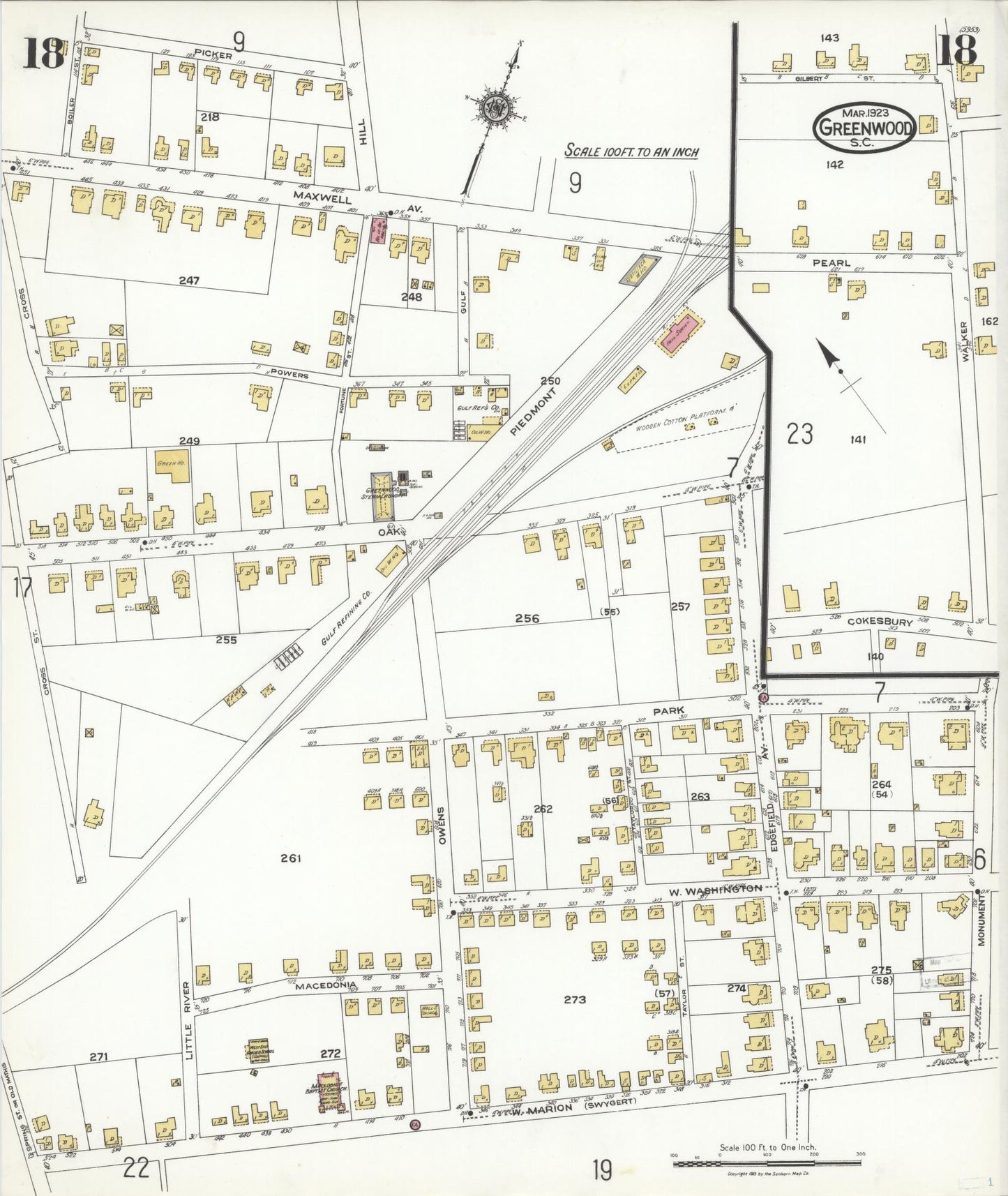 Sanborn Fire Insurance Map from Greenwood, Greenwood County, South Carolina (1923), Sheet #0018 - Complete Map Set gallery image, historic Sanborn map, vintage wall art, South Carolina South Carolina