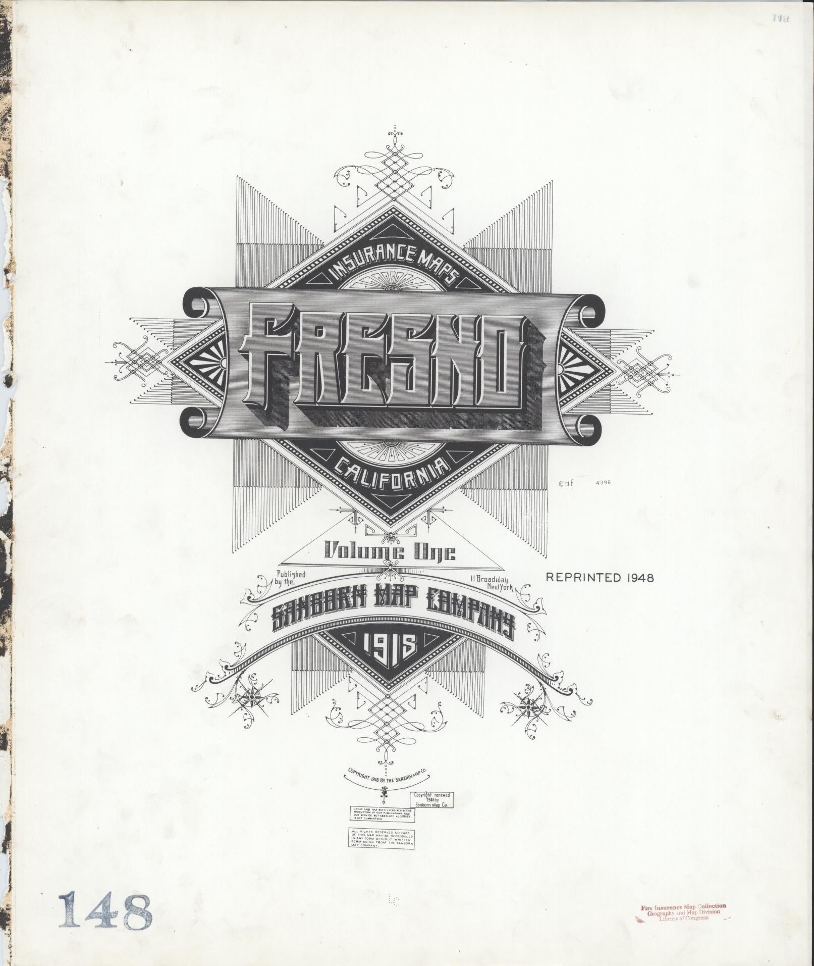 Sanborn Fire Insurance Map from Fresno, Fresno County, California (1948), Sheet #0001 - Historic Sanborn Fire Insurance Map Print, vintage old map wall art, antique decor, genealogy gift, California California map