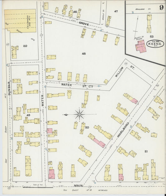 Sanborn Fire Insurance Map from Keene, Cheshire County, New Hampshire (1892), Sheet #0009 - Historic Sanborn Fire Insurance Map Print, vintage old map wall art, antique decor, genealogy gift, New Hampshire New Hampshire map