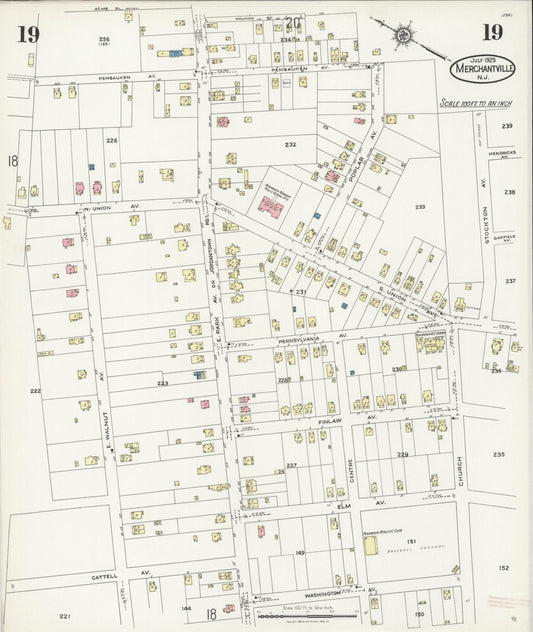 Sanborn Fire Insurance Map from Merchantville, Camden County, New Jersey (1925), Sheet #0019 - Historic Sanborn Fire Insurance Map Print, vintage old map wall art, antique decor, genealogy gift, New Jersey New Jersey map