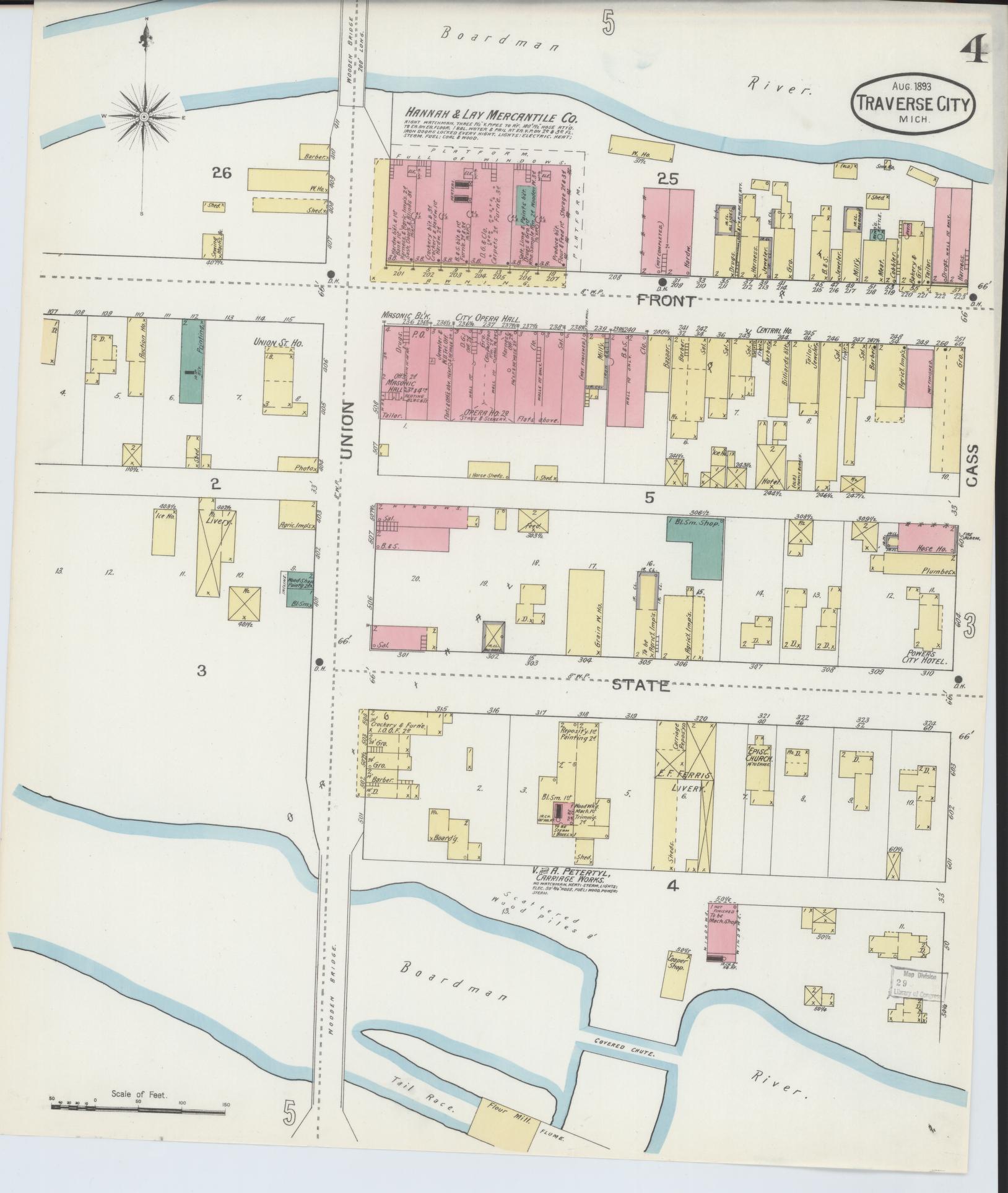 Sanborn Fire Insurance Map from Traverse City, Grand Traverse County, Michigan (1893), Sheet #0004 - Historic Sanborn Fire Insurance Map Print, vintage old map wall art, antique decor, genealogy gift, Michigan Michigan map