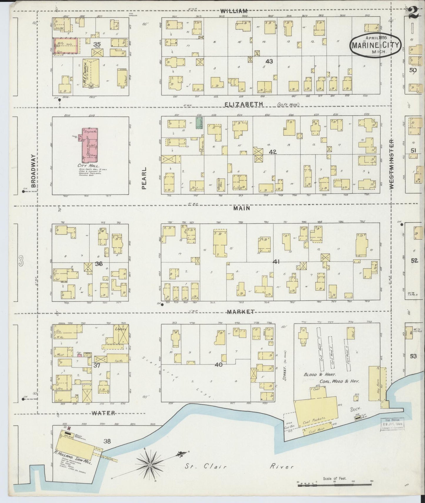 Sanborn Fire Insurance Map from Marine City, Saint Clair County, Michigan (1895), Sheet #0002 - Complete Map Set gallery image, historic Sanborn map, vintage wall art, Michigan Michigan