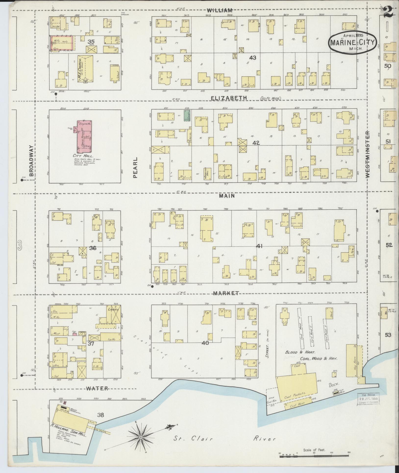 Sanborn Fire Insurance Map from Marine City, Saint Clair County, Michigan (1895), Sheet #0002 - Complete Map Set gallery image, historic Sanborn map, vintage wall art, Michigan Michigan