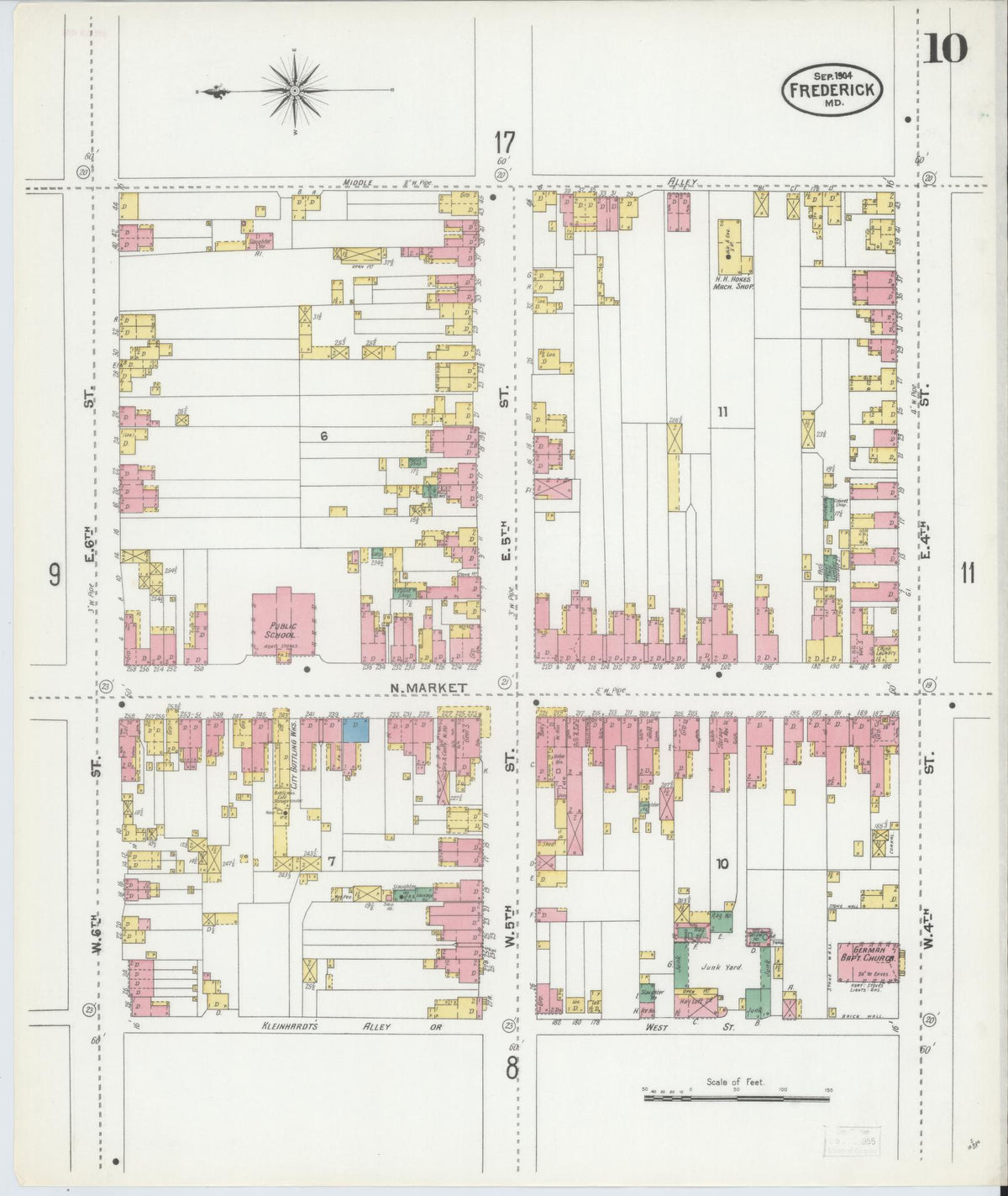 Sanborn Fire Insurance Map from Frederick, Frederick County, Maryland (1904), Sheet #0010 - Historic Sanborn Fire Insurance Map Print, vintage old map wall art, antique decor, genealogy gift, Maryland Maryland map