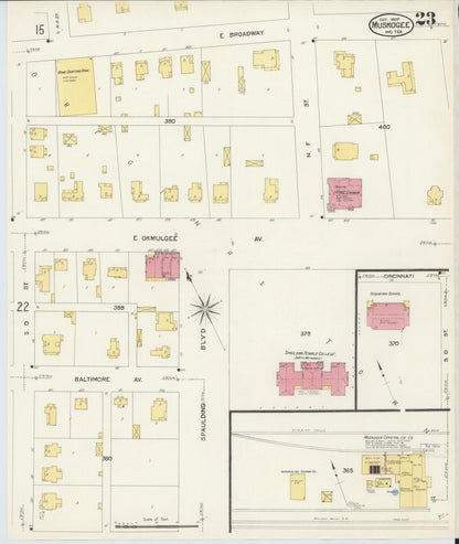 Sanborn Fire Insurance Map from Muskogee, Muskogee County, Oklahoma (1907), Sheet #0023 - Complete Map Set gallery image, historic Sanborn map, vintage wall art, Oklahoma Oklahoma