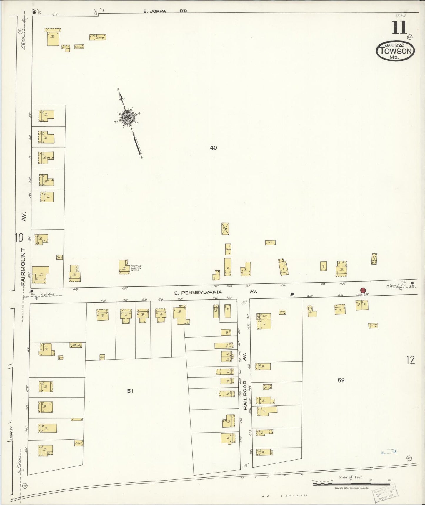 Sanborn Fire Insurance Map from Towson, Baltimore County, Maryland (1922), Sheet #0011 - Historic Sanborn Fire Insurance Map Print, vintage old map wall art