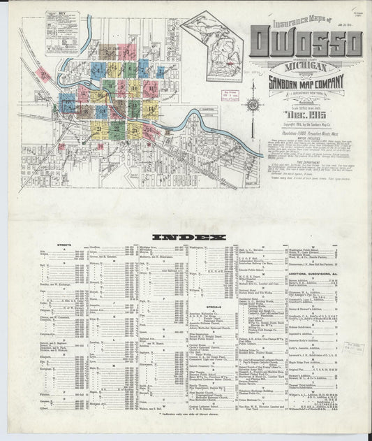 Sanborn Fire Insurance Map from Owosso, Shiawassee County, Michigan (1915), Sheet #0001 - Complete Map Set gallery image, historic Sanborn map, vintage wall art, Michigan Michigan