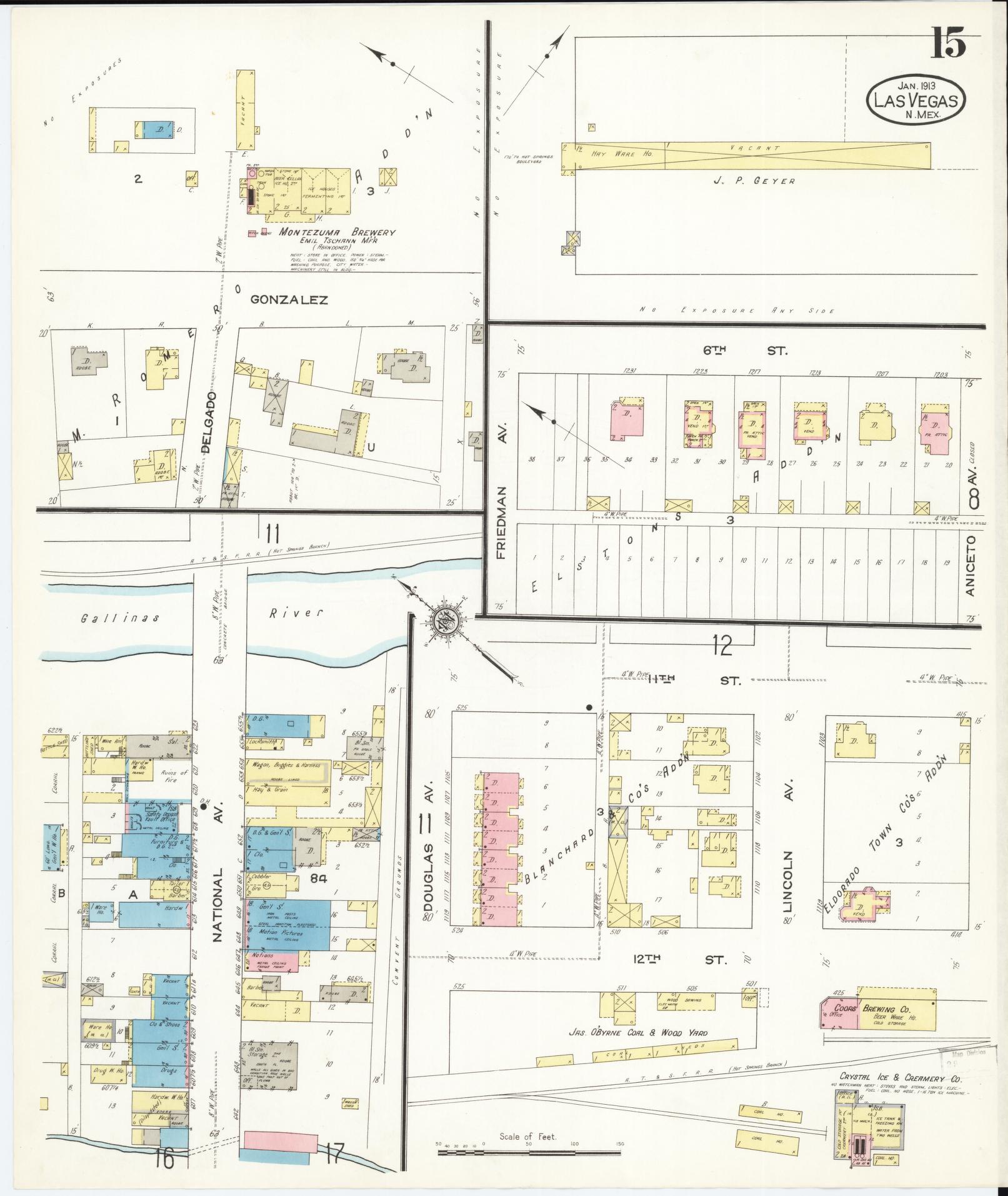 Sanborn Fire Insurance Map from Las Vegas, San Miguel County, New Mexico (1913), Sheet #0015 - Complete Map Set gallery image, historic Sanborn map, vintage wall art, New Mexico New Mexico