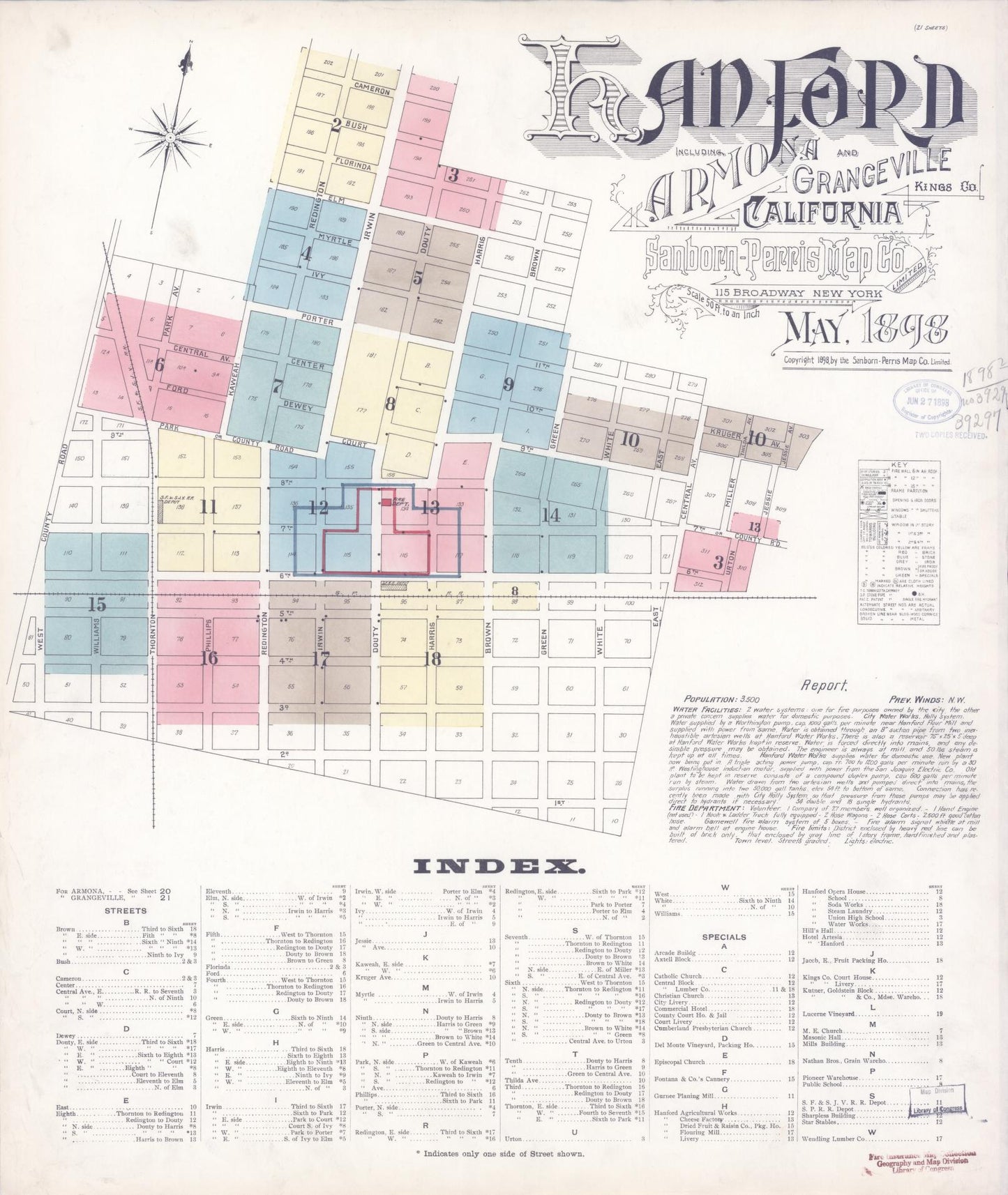 Sanborn Fire Insurance Map from Hanford, Kings County, California (1898), Sheet #0001 - Historic Sanborn Fire Insurance Map Print, vintage old map wall art, antique decor, genealogy gift, California California map