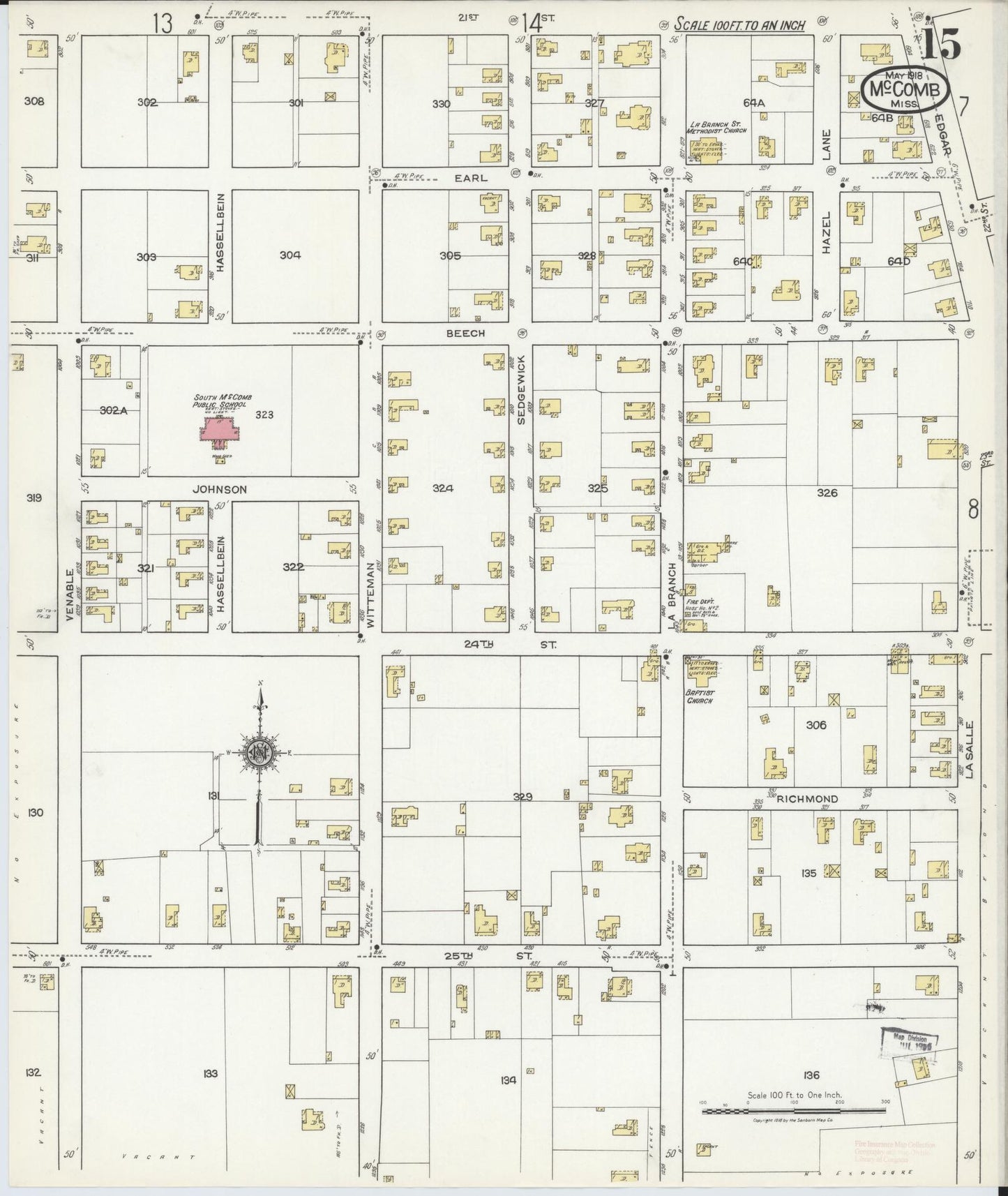 Sanborn Fire Insurance Map from McComb, Pike County, Mississippi (1918), Sheet #0015 - Complete Map Set gallery image, historic Sanborn map, vintage wall art, Mississippi Mississippi