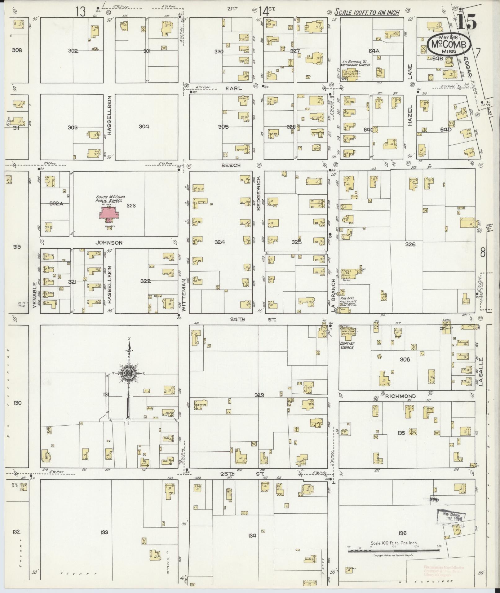Sanborn Fire Insurance Map from McComb, Pike County, Mississippi (1918), Sheet #0015 - Complete Map Set gallery image, historic Sanborn map, vintage wall art, Mississippi Mississippi