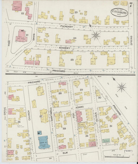 Sanborn Fire Insurance Map from Fitchburg, Worcester County, Massachusetts (1887), Sheet #0007 - Historic Sanborn Fire Insurance Map Print, vintage old map wall art, antique decor, genealogy gift, Massachusetts Massachusetts map
