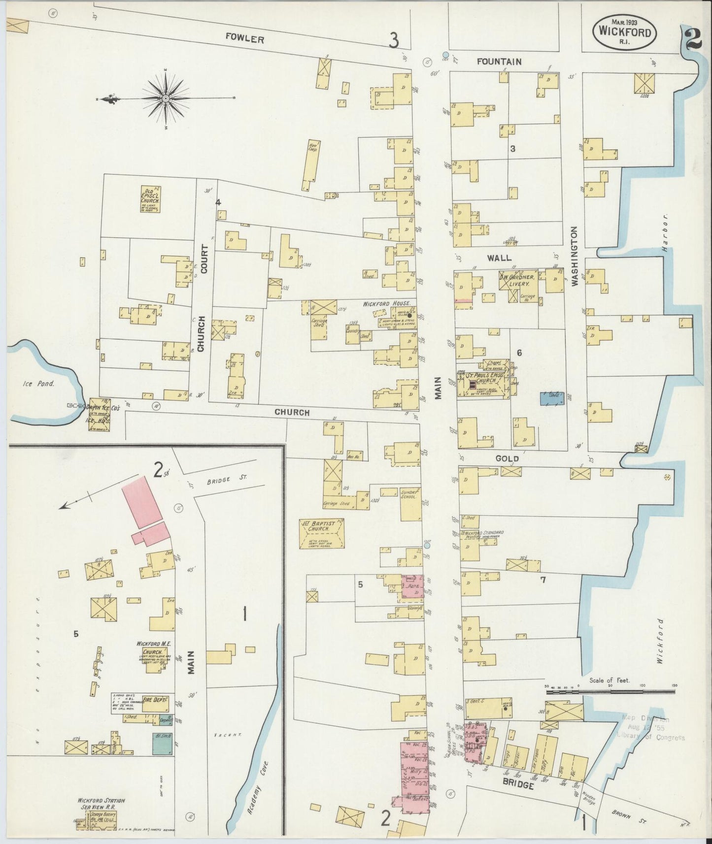 Sanborn Fire Insurance Map from Wickford, Washington County, Rhode Island (1903), Sheet #0002 - Complete Map Set gallery image, historic Sanborn map, vintage wall art, Rhode Island Rhode Island