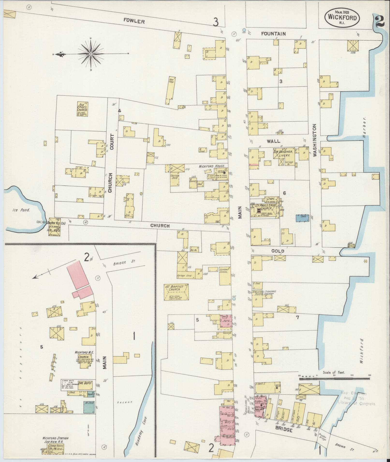 Sanborn Fire Insurance Map from Wickford, Washington County, Rhode Island (1903), Sheet #0002 - Complete Map Set gallery image, historic Sanborn map, vintage wall art, Rhode Island Rhode Island