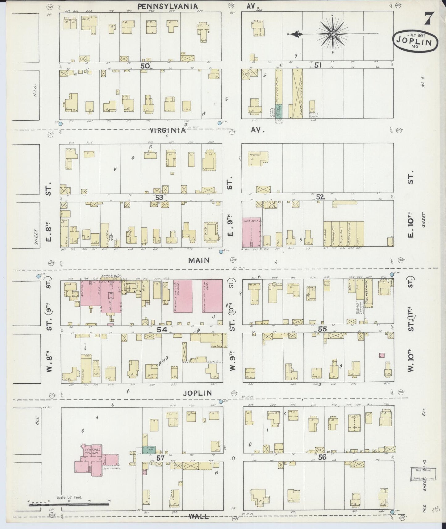 Sanborn Fire Insurance Map from Joplin, Jasper County, Missouri (1891), Sheet #0007 - Complete Map Set gallery image, historic Sanborn map, vintage wall art, Missouri Missouri
